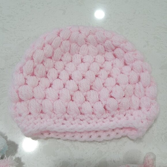 Hand Knit Baby Infant Girl Hats Lot Of 3 - Picture 4 of 7